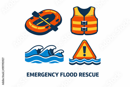 Emergency Flood Rescue Icons Inflatable Boat Life Vest Waves and Warning Sign.