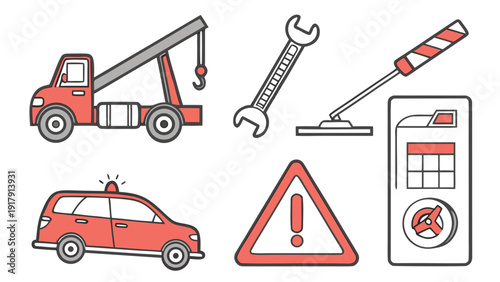 Emergency Roadside Assistance Icons Tow Truck Wrench Jack Warning Sign.