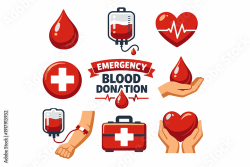 Emergency Blood Donation Icons Set Blood Drops Heart and Medical Supplies.
