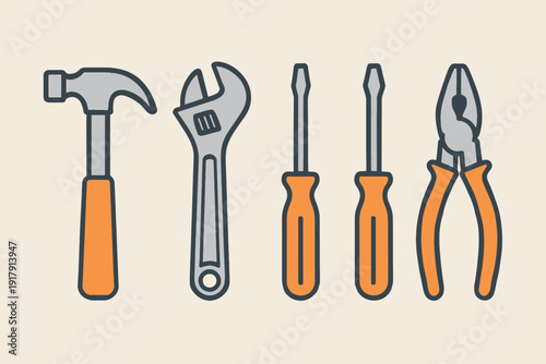 Essential Hand Tools Hammer Wrench Screwdrivers and Pliers.