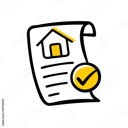 Mortgage approval document with check mark and house icon for financial concepts