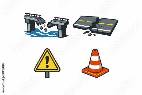 Road Safety Icons Broken Bridge Pavement Warning Sign Traffic Cone.