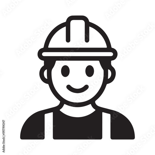 Simple black and white icon depicting a construction worker wearing a helmet