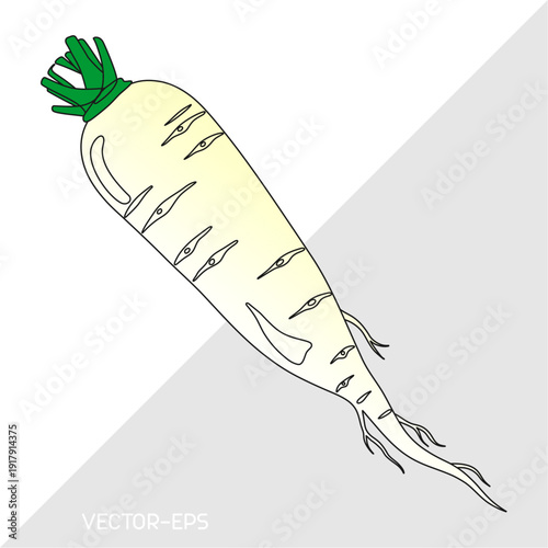 Vibrant yellow cartoon daikon radish with green leafy top