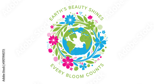 Earth's beauty shines eco friendly logo with flowers and globe, environmental conservation symbol. Includes floral, leaves, and blooming elements. Created in colorful style 