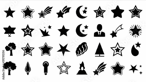 Vector Icon Sheet Featuring Stars, Symbols, and Objects in Black and White