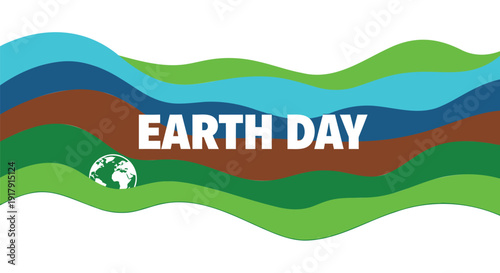 Earth Day environmental wavy banner vector graphic. Includes eco friendly symbol and green planet. Created in colorful style with blue, green, brown palette.
