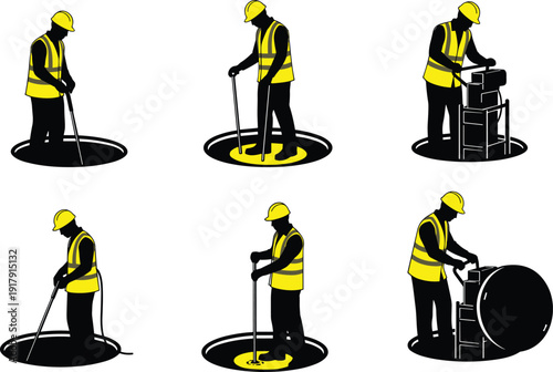Construction worker manhole maintenance silhouette set with safety helmet reflective vest sewer cleaning vector illustration isolated on white