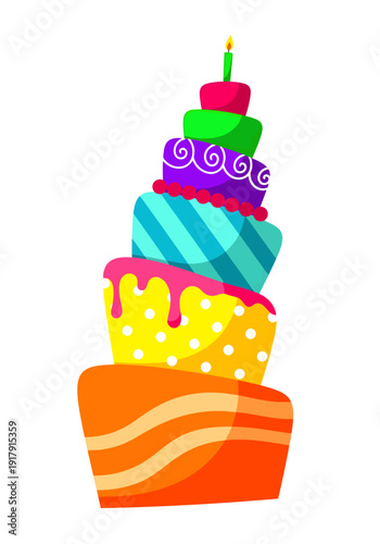 A delightfully lopsided, multi-tiered cake stacks vibrant orange waves, yellow polka dots, teal stripes, and purple swirls beneath a final pink peak and a single glowing green candle
