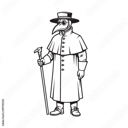 Plague Doctor in Black Coat and Hat Holding Cane, Historical Halloween Costume