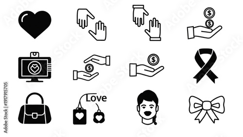 Vector Icon Sheet Featuring Hand Gestures and Symbols of Love and Charity in Simple Line Art Style