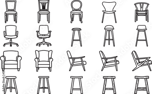 A collection of different types of chair in a line art style, showcasing diverse designs and styles for furniture and interior concepts.