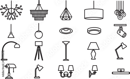 Various modern minimalist lighting fixtures illustrated in a clean, contemporary line art style, perfect for interior design and architectural projects. 