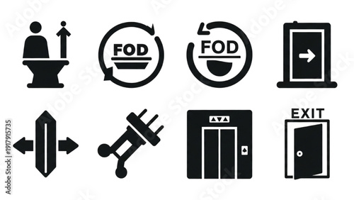 Vector Icon Sheet Depicting Various Airport Security Procedures and Emergency Exits