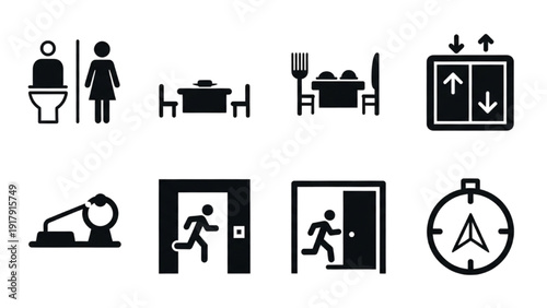 Restroom, Dining, Time, Emergency Exit, and Direction Indicators in Modern Flat Design