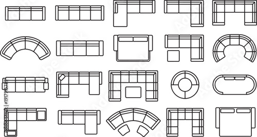 A collection of modular sofa designs and layouts, ideal for architects and interior designers, presents diverse modern sofa arrangement.