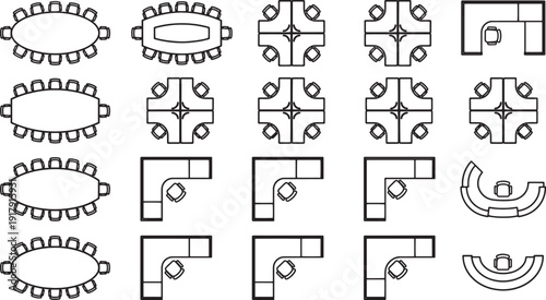 Vector illustrations showcase various arrangements of furniture layouts for office space planning and interior design.