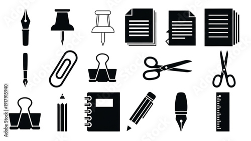 Black and white vector icon sheet featuring office supplies from a top-down viewpoint