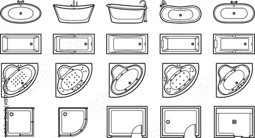 A Collection of diverse and elegant bathtub illustrations in a modern, clean line style. Featuring a wide range of designs and styles.