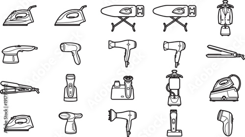 Household appliance collection, a comprehensive assortment of various ironing, and hair styling tools, perfect for both personal and professional use.