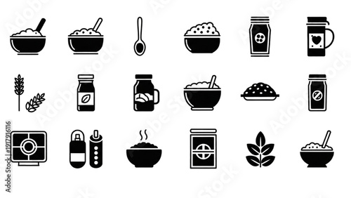 Vector Icon Sheet featuring Kitchen Utensils, Food, and Drinks in Modern Monochrome Style
