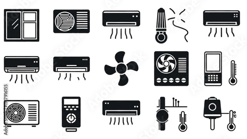 Vector Icon Sheet Featuring Air Conditioning Units and Cooling Devices in Various Settings