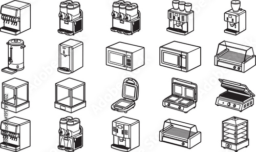 Line art icons illustrating an array of commercial kitchen appliances, perfect for showcasing the tools of the culinary trade.
