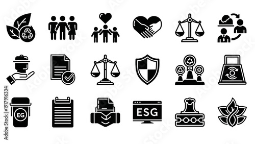 Collection of Vector Icon Sheet Representing Sustainability, Business Ethics, and Environmental Governance Symbols