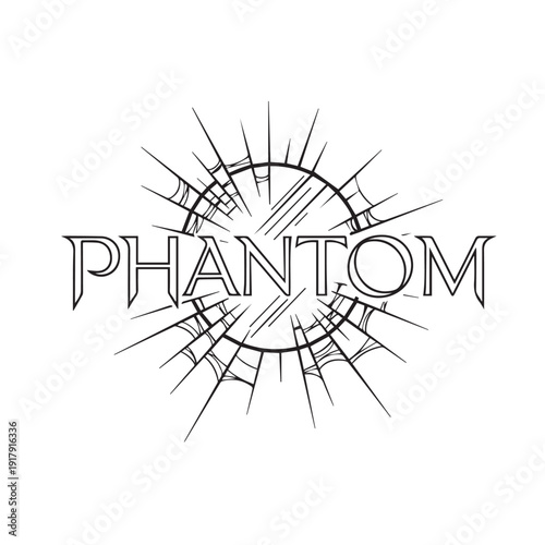 Mysterious Phantom text centered over a fractured spider web illustration, perfect for horror, Halloween, or gothic-themed designs.