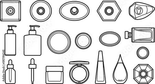 A minimalist collection of cosmetic and skincare containers in geometric shapes, highlighting elegance and refinement. 