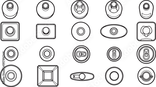 Assortment of can and bottle tops with various shapes and designs, captured in an overhead shot against a minimalist aesthetic.