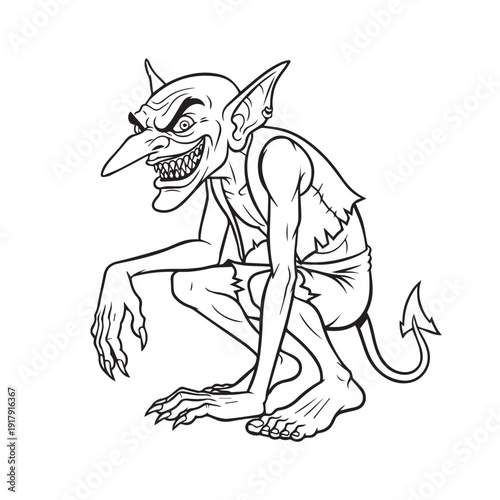 Sinister goblin character with a long nose, pointed ears, and sharp teeth, a whimsical yet creepy black and white fantasy illustration.