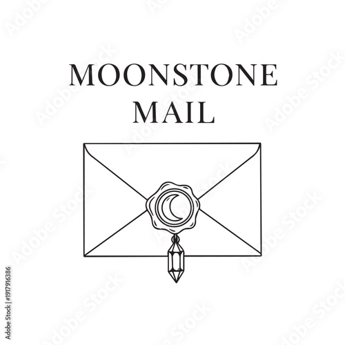 Elegant Moonstone Mail illustration featuring an enchanted letter with a crescent moon wax seal and a hanging crystal, mystic and magical.
