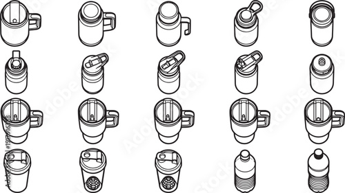 A diverse collection of line art mugs and bottles, illustrating drink containers and vessel variations in a clean, graphic style.