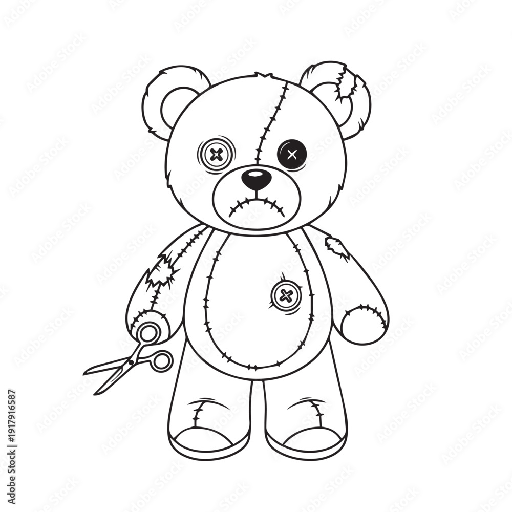 Fototapeta premium Creepy, stitched teddy bear with sad button eyes holding scissors, embodying a broken toy or horror aesthetic.