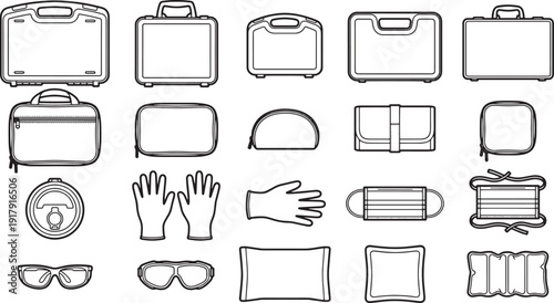 A set of modern and minimalist vector outlines depicting various luggage and accessories, perfect for travel and professional use. 