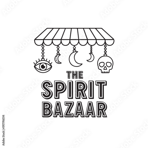 The Spirit Bazaar sign with mystical symbols like an eye, moons, and skull, suggesting a bohemian or occult shop.