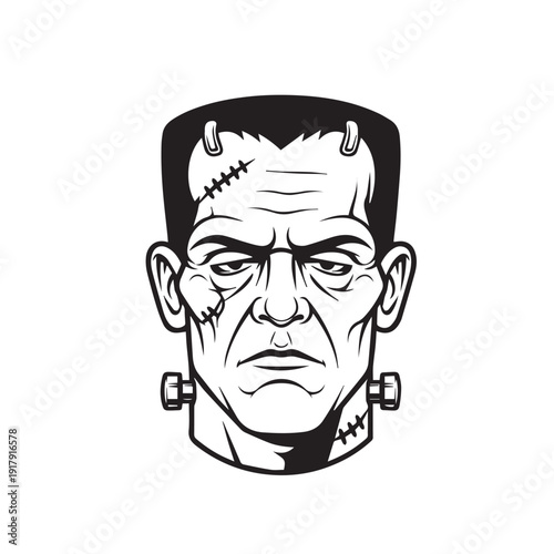 Portrait of Frankenstein's monster head with bolts and stitches, a classic symbol of gothic horror and sci-fi.