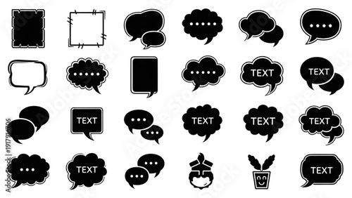 Vector Icon Sheet Featuring Speech Bubbles and Text Boxes in Various Styles and Formats for Design Use