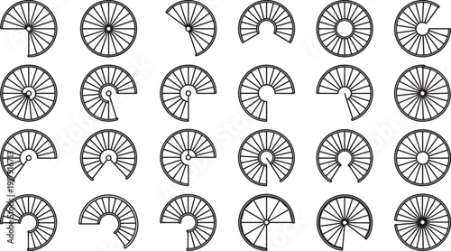 Architectural designs, black line drawings of spiral staircases in various stages, showcasing versatility.