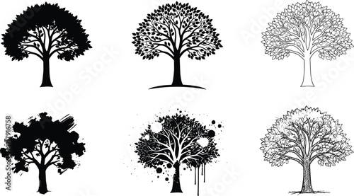 Black and white tree illustration collection with detailed branches, line art, silhouettes, and ink textures for nature and botanical design use