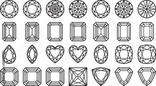 Collection of precision-cut gem shapes showcasing a variety of intricate designs and facets, Each form symbolizes luxury.