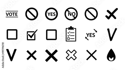 Vector Icon Sheet Featuring Vote Symbols and Checkmarks for Decision Making Processes