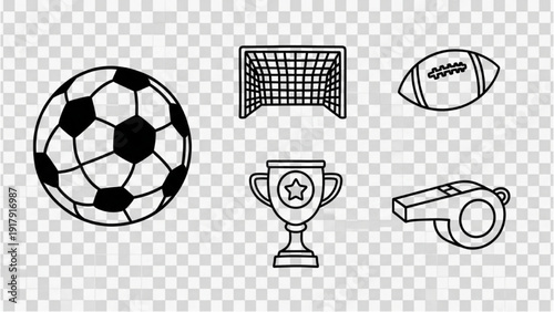 Vector Icon Sheet featuring Soccer Ball, Trophy, Football, Goal Net, and Whistle in Sports Equipment Vector Art