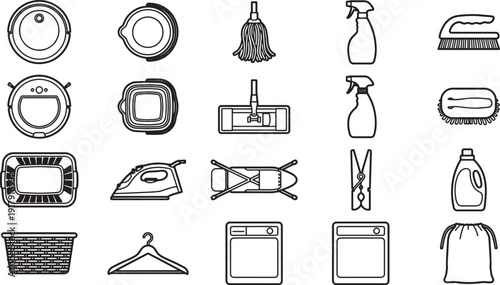 Cleaning equipment illustrations showcasing a range of modern and traditional tools for the household. Each image evokes a sense of cleanliness, order, and efficient domesticity.