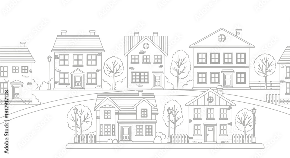 Obraz premium Line art illustration of a serene suburban neighborhood scene.