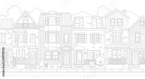 Row of quaint European-style townhouses with varied architectural details.