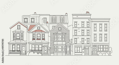 Row of colorful townhouses in urban landscape illustration.