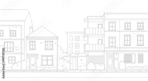 Row of houses with varying architectural styles and heights.