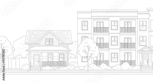 Residential buildings with varying architectural styles and heights.